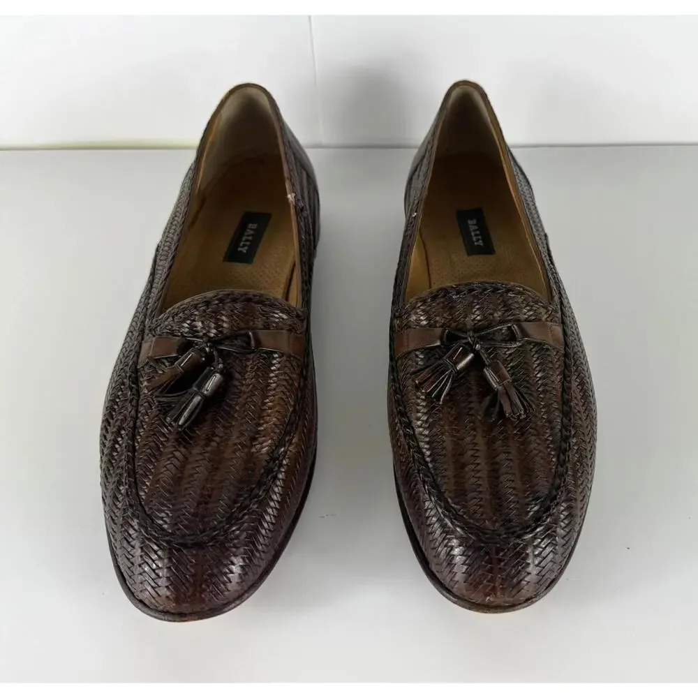 Vintage Bally Woven Leather Lisbon Italy Dress Shoes Men US 12 M Brown Loafers